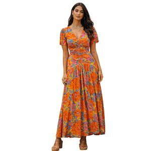 FARM Rio for Anthropologie Ruched Orange Floral Maxi Dress NWT